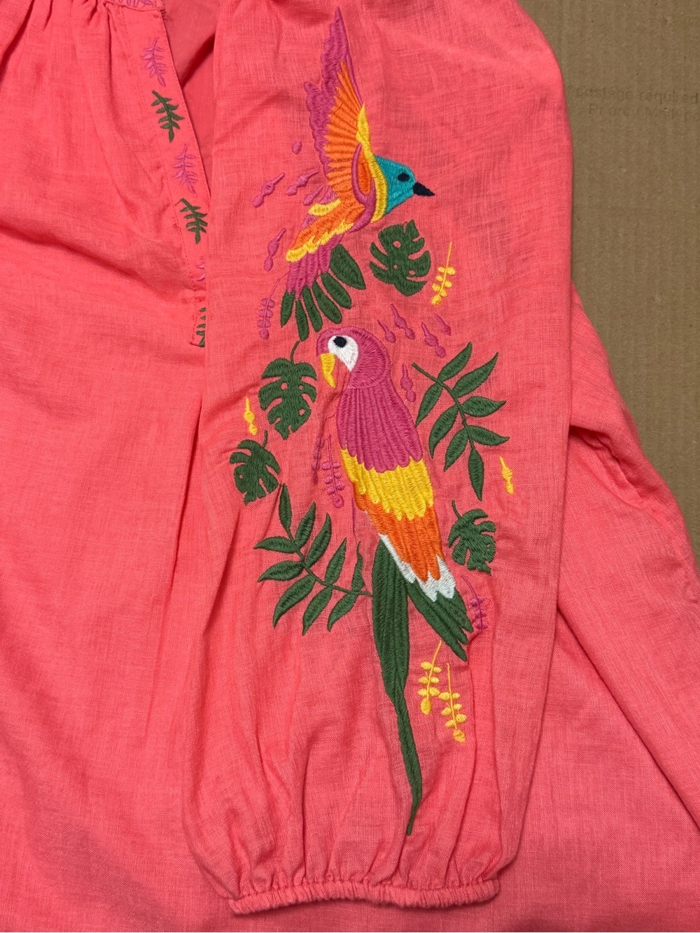 Crown & Ivy Coral Embroidered Peasant Blouse Parrot Tropical Birds 3/4 Sleeve 1X - Picture 7 of 8